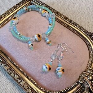 Handmade Set of 2 Memory Wire Bracelet Dangle Earrings Sunflower Turquoise Blue